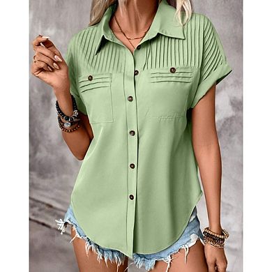 Women Collared Button Down Short Sleeve Blouse, Casual Beach Vacation Shirt Top
