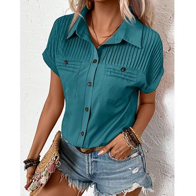 Women Collared Button Down Short Sleeve Blouse, Casual Beach Vacation Shirt Top