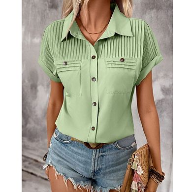 Women Collared Button Down Short Sleeve Blouse, Casual Beach Vacation Shirt Top