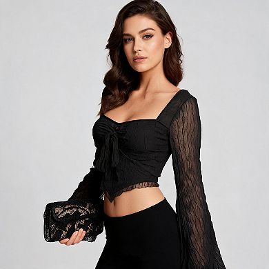 Women’s Sweetheart Neck Mesh Lace Bell Long Sleeve Asymmetrical Crop Going Out Top