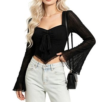 Women’s Sweetheart Neck Mesh Lace Bell Long Sleeve Asymmetrical Crop Going Out Top