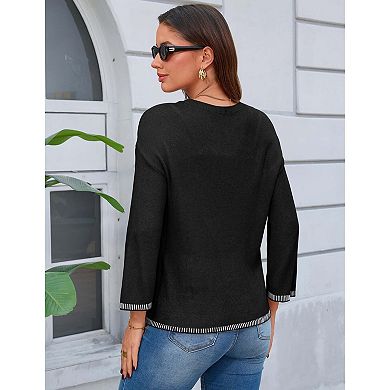 Women’s Crochet Knit Cover-Up Sweater with Crew Neck and 3/4 Sleeves