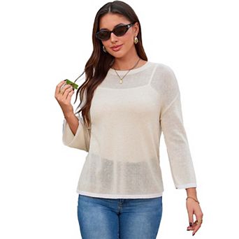 Women’s Crochet Knit Cover-Up Sweater with Crew Neck and 3/4 Sleeves