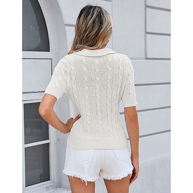 Women’s Cable Knit Polo Sweater with Short Sleeves and Button Front