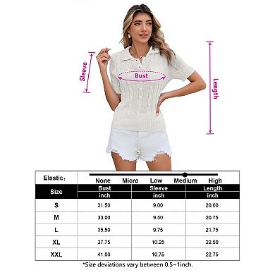 Women’s Cable Knit Polo Sweater with Short Sleeves and Button Front