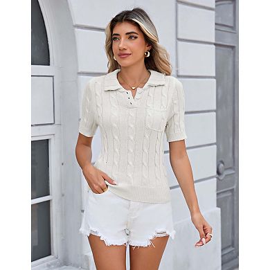 Women’s Cable Knit Polo Sweater with Short Sleeves and Button Front