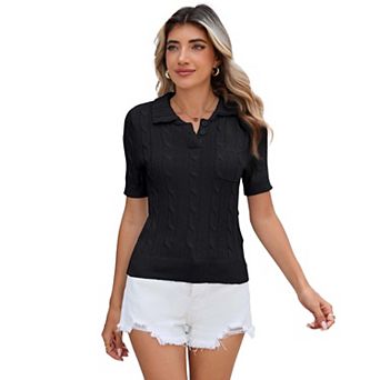 Women’s Cable Knit Polo Sweater with Short Sleeves and Button Front