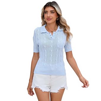 Women’s Cable Knit Polo Sweater with Short Sleeves and Button Front