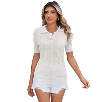 Women’s Cable Knit Polo Sweater with Short Sleeves and Button Front