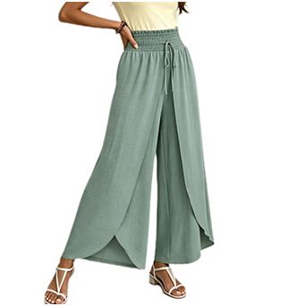 Womens Wide Leg Pants Flowy Side Split Palazzo Pants Casual Drawstring High Waisted Beach Trousers