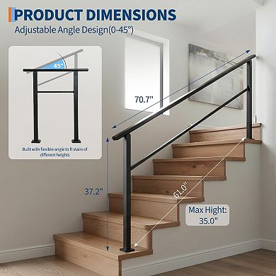 6 Step Adjustable Black Aluminum Iron Stair Handrail for Indoor Outdoor Porch Steps