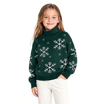 Kids Girls Turtleneck Long Sleeve Snowflake Jacquard Christmas Knit Sweater
