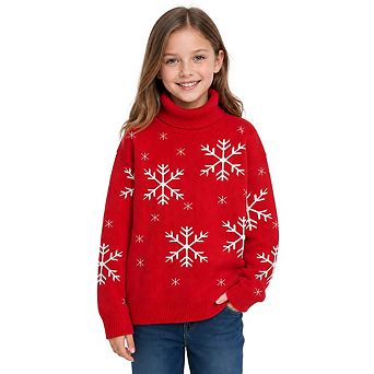 Kids Girls Turtleneck Long Sleeve Snowflake Jacquard Christmas Knit Sweater