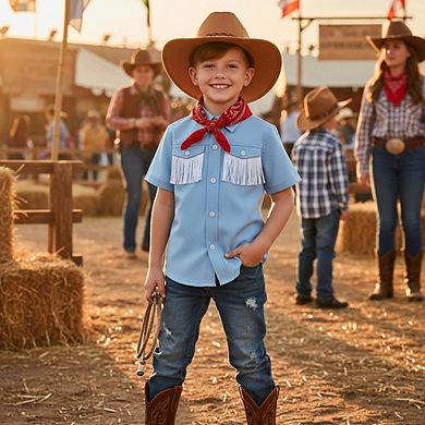 Boys Western Short Sleeve Fringe Pocket Button Down Cowboy Shirt Top