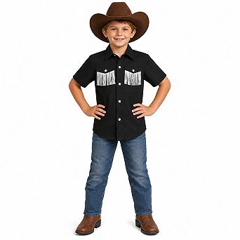 Boys Western Short Sleeve Fringe Pocket Button Down Cowboy Shirt Top