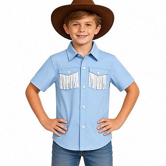 Boys Western Short Sleeve Fringe Pocket Button Down Cowboy Shirt Top