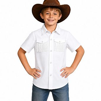 Boys Western Short Sleeve Fringe Pocket Button Down Cowboy Shirt Top