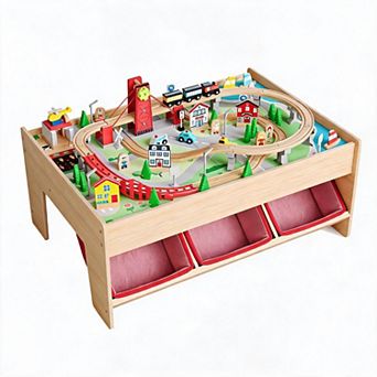 2 in 1 Wooden Train Reading Table 92 pc Activity Playset with 3 Storage Bins