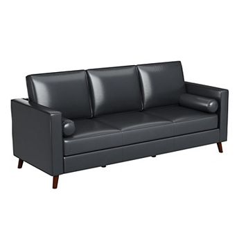 Mid Century Modern Faux Leather Sofa PU Couch with Deep Seat and Wide Armrests for Living Room