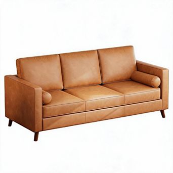Mid Century Modern Faux Leather Sofa PU Couch with Deep Seat and Wide Armrests for Living Room