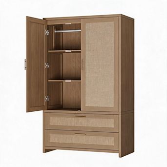 71" Boho Rattan Wardrobe Armoire 2 Doors, Drawers & Hanging Rod Tall Wooden Closet Cabinet