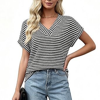 Women’s V Neck Striped Short Sleeve Crochet Pullover Cute Trendy Summer Casual Top