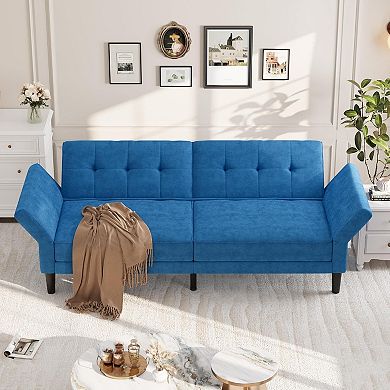 Modern Futon Sofa Bed Convertible Sleeper Couch with Adjustable Backrest and Armrests for Home
