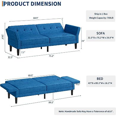 Modern Futon Sofa Bed Convertible Sleeper Couch with Adjustable Backrest and Armrests for Home