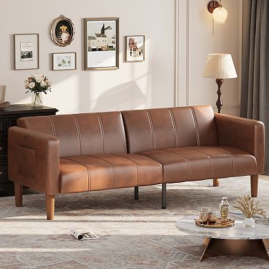 Adjustable Backrest Futon Sofa 75" Faux Leather Convertible Bed with Side Pockets Mid-Century