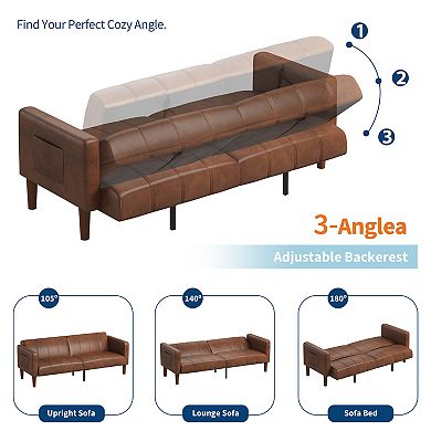 Adjustable Backrest Futon Sofa 75" Faux Leather Convertible Bed with Side Pockets Mid-Century