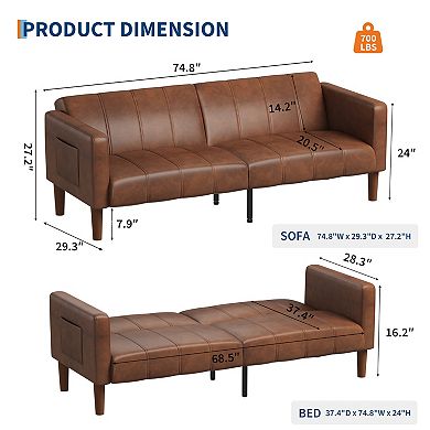 Adjustable Backrest Futon Sofa 75" Faux Leather Convertible Bed with Side Pockets Mid-Century