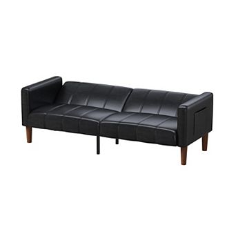 Adjustable Backrest Futon Sofa 75" Faux Leather Convertible Bed with Side Pockets Mid-Century