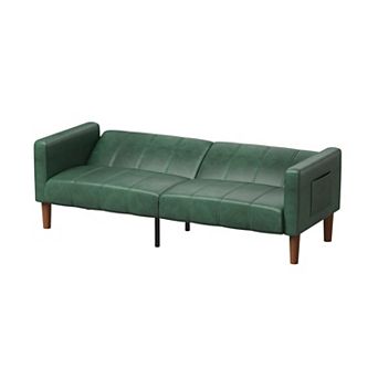 Adjustable Backrest Futon Sofa 75" Faux Leather Convertible Bed with Side Pockets Mid-Century