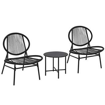 3 pc Patio Bistro Set, All-Weather Plastic Rope Woven Conversation Set w/2 Chairs & Side Table