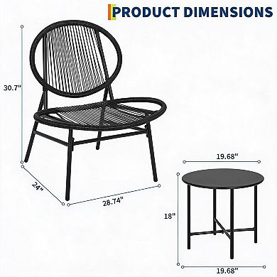 3-Piece Patio Bistro Set, All-Weather Plastic Rope Woven Conversation Set w/2 Chairs & Side Table