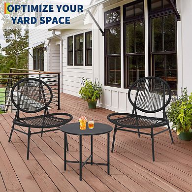 3-Piece Patio Bistro Set, All-Weather Plastic Rope Woven Conversation Set w/2 Chairs & Side Table