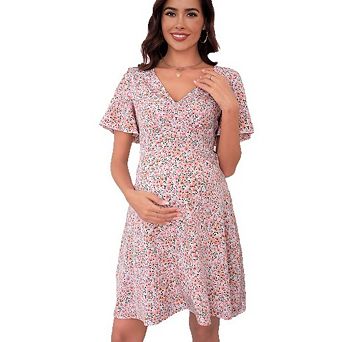 Women's V-Neck Boho Maternity Flutter Short Sleeve Flowy Dress Casual Mini Length for Baby Shower