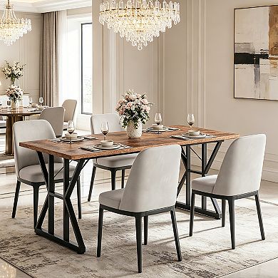 Farmhouse Kitchen Table 70.8" Rectangular Wood Dining Table with Sturdy Metal Legs Seats 6