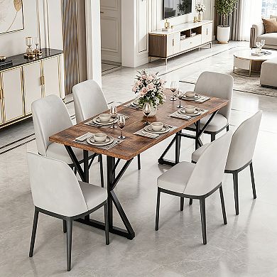 Farmhouse Kitchen Table 70.8" Rectangular Wood Dining Table with Sturdy Metal Legs Seats 6