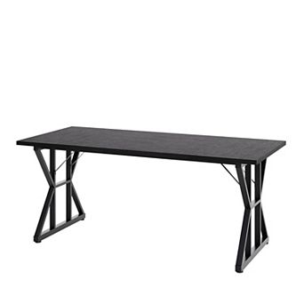 Farmhouse Kitchen Table 70.8" Rectangular Wood Dining Table with Sturdy Metal Legs Seats 6