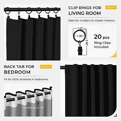2 Panels Blackout Curtains Linen Thermal Drapes Ring Clips