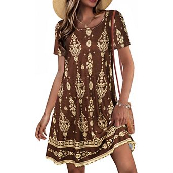 Women Casual Short Sleeve Sundress Scoop Neck Beach T Shirt Dress Pockets