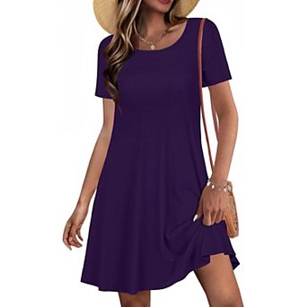 Women Casual Short Sleeve Sundress Scoop Neck Beach T Shirt Dress Pockets