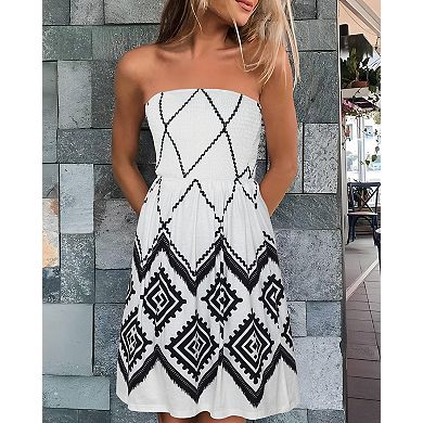 Summer Dress Women Beach Strapless Boho Print Sundress