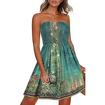 Summer Dress Women Beach Strapless Boho Print Sundress