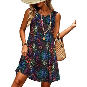 Women Summer Dress Beach Casual Sleeveless Floral Tank Loose Sundress Pocket