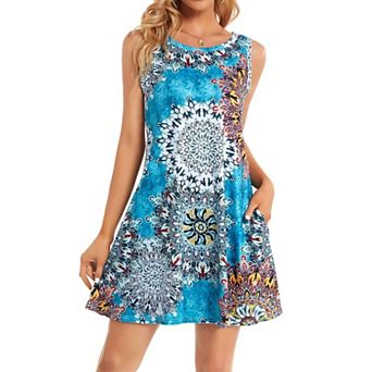 Women Summer Dress Beach Casual Sleeveless Floral Tank Loose Sundress Pocket