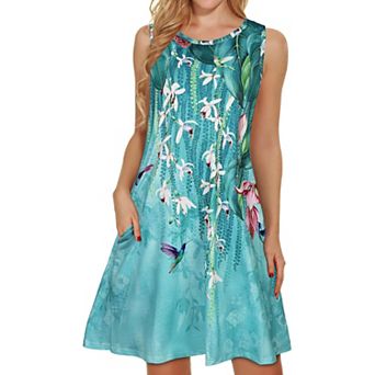 Women Summer Dress Beach Casual Sleeveless Floral Tank Loose Sundress Pocket