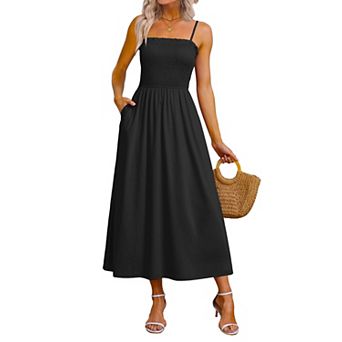 Women Spaghetti Strap Smocked Maxi Dress Pockets Boho Beach