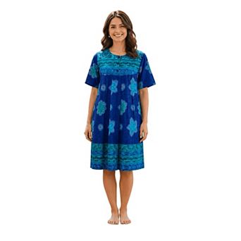 Loungees Petite length Border Print Cotton Lounge Dress House Dress 3 Button Bib Yoke Short Sleeve